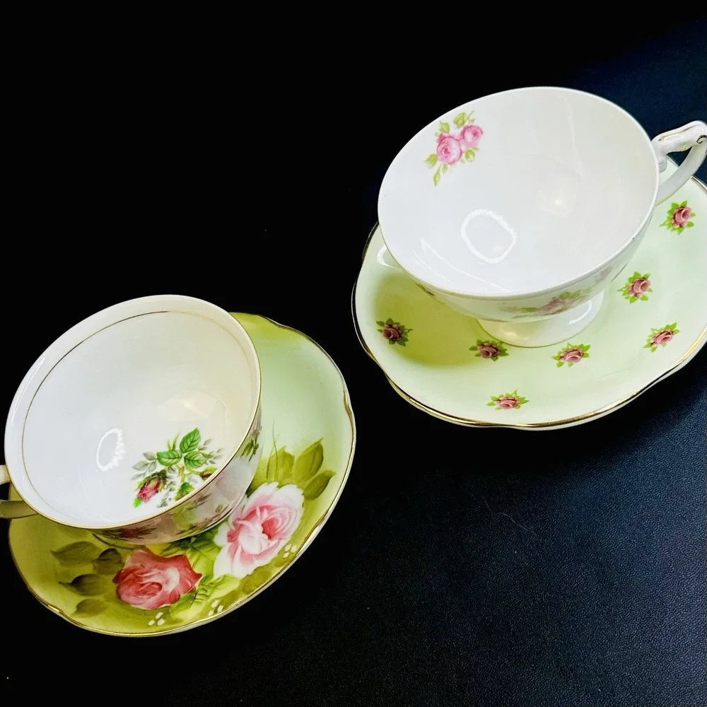 Mismatched‎ Tea Cups & Saucers Set Of 2 Vtg Bone China Pink Roses Green Floral